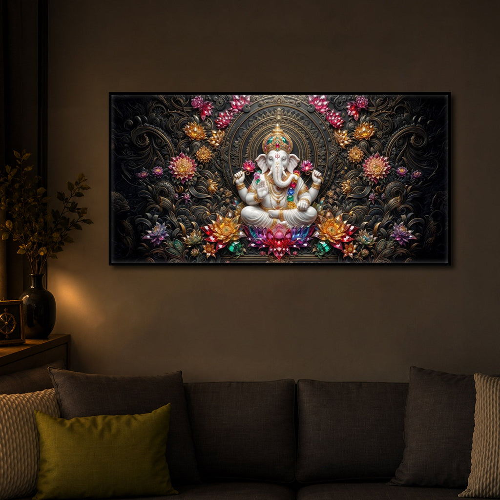 Lord Ganesha Blooming Lotuses Modern Luxury Backlight Horizontal Wall Art