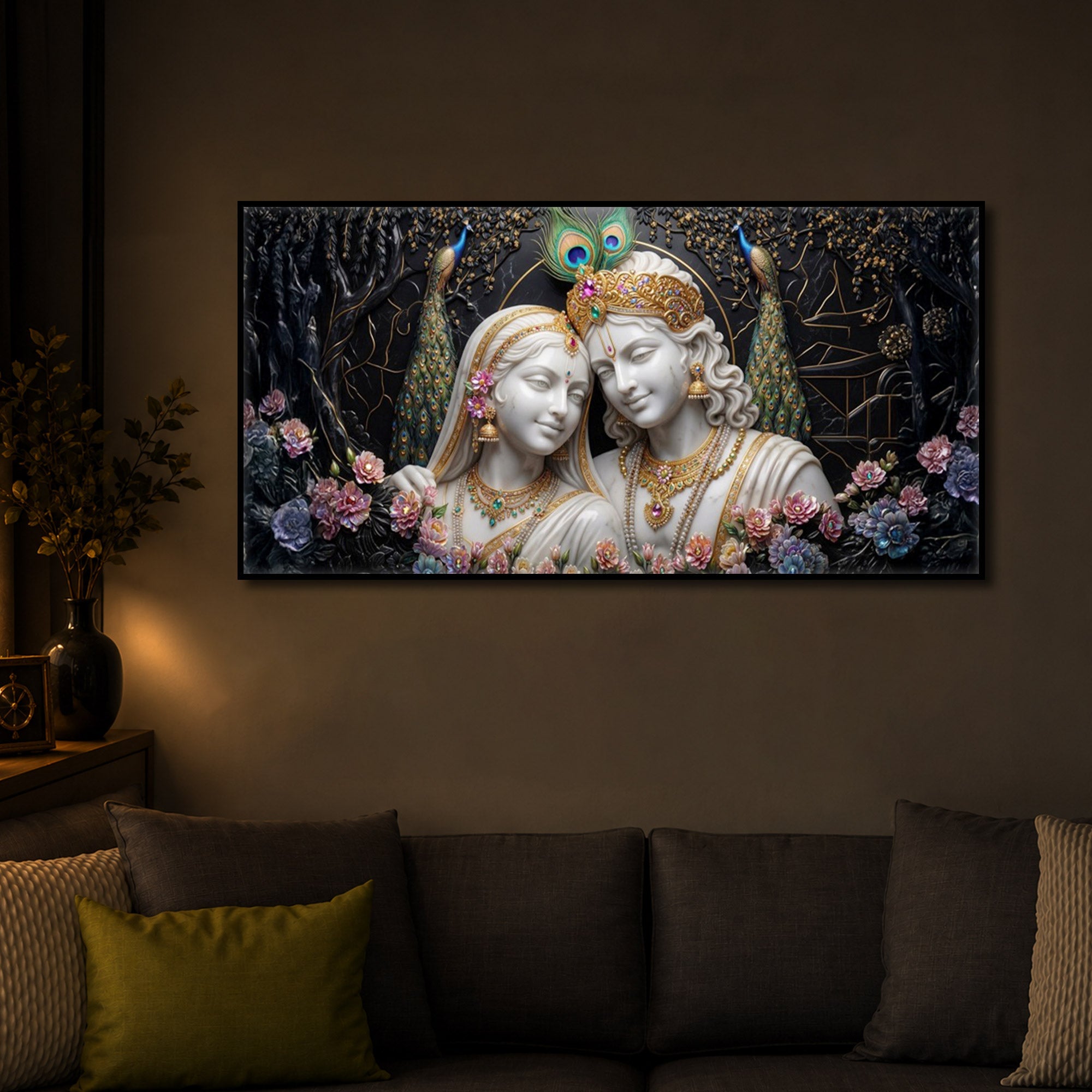 Beautiful Radha Krishna Modern Luxury Backlight Horizontal Wall Art