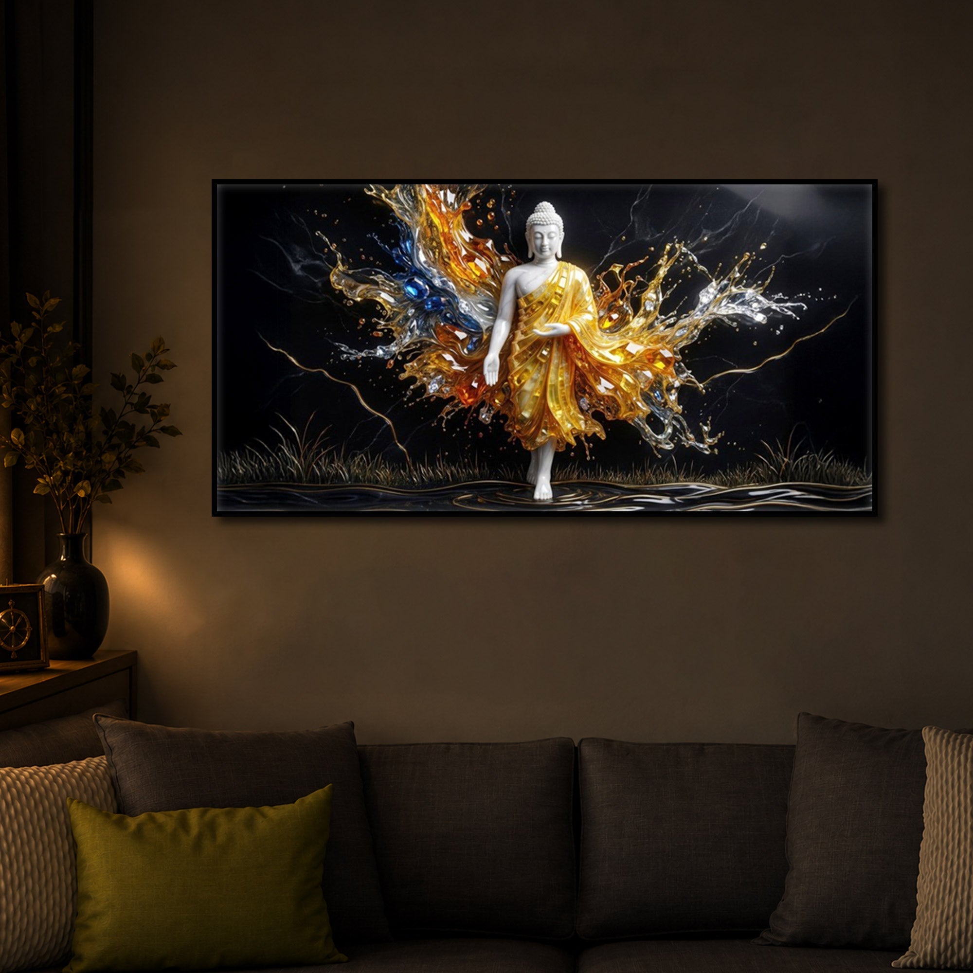 Embedded Buddha Modern Luxury Backlight Horizontal Wall Art