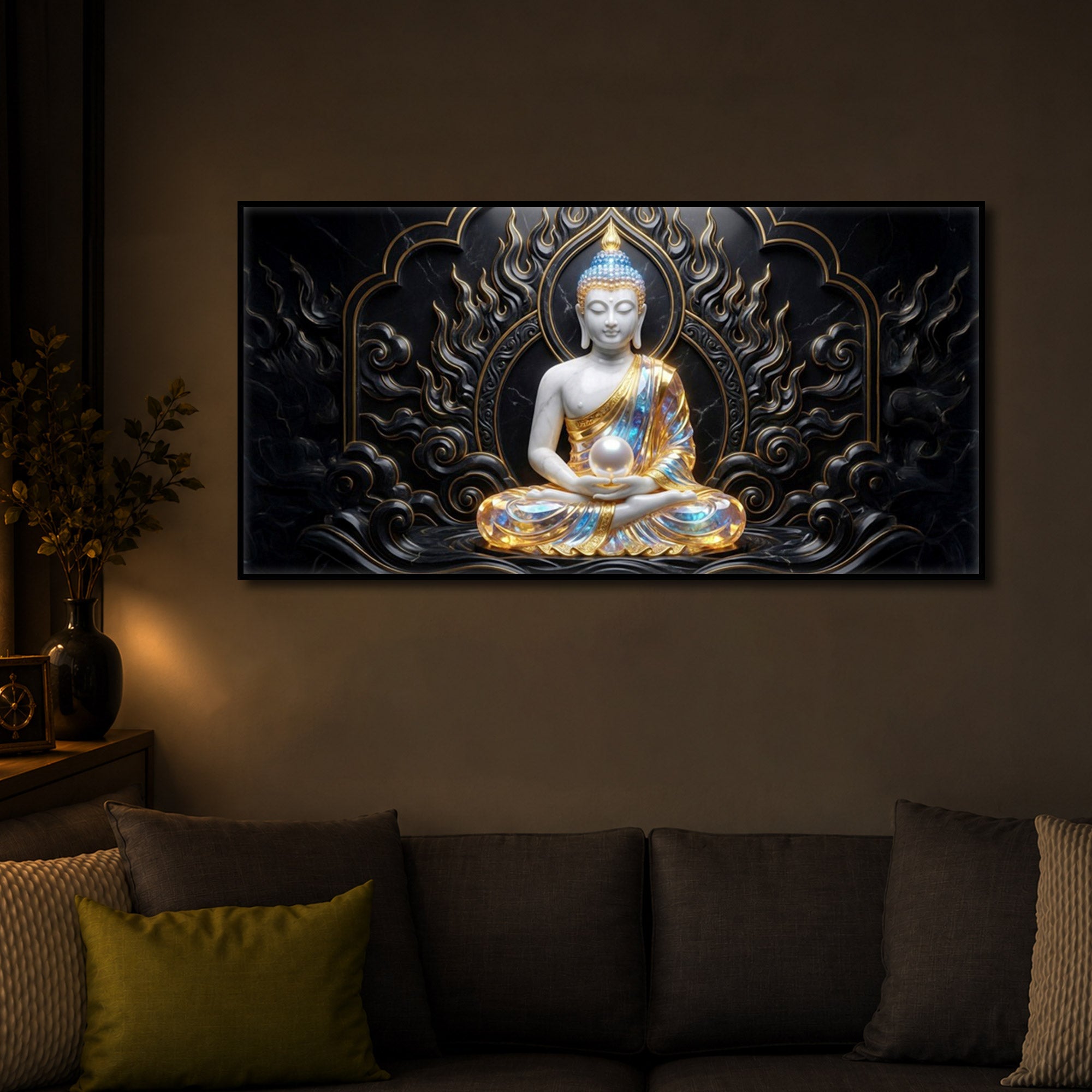 Meditating Buddha Ji Modern Luxury Backlight Horizontal Wall Art