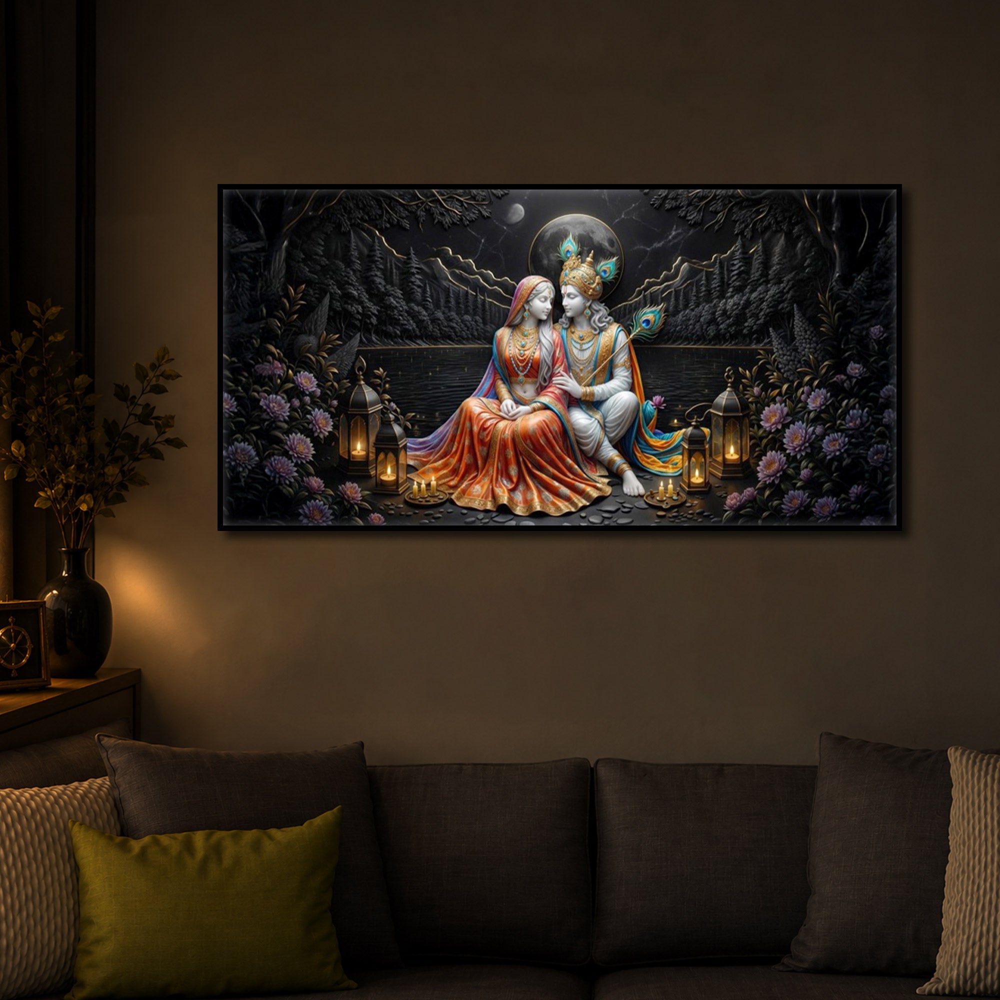 Hindu Deity Radha Krishna Modern Luxury Backlight Horizontal Wall Art