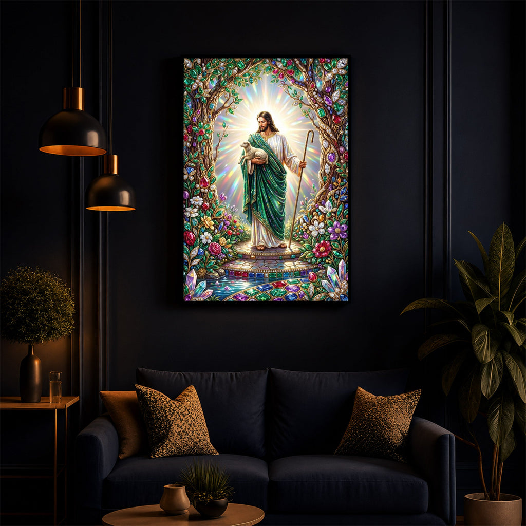 Divine Good Shepherd Jesus Modern Luxury Backlight Vertical Wall Art