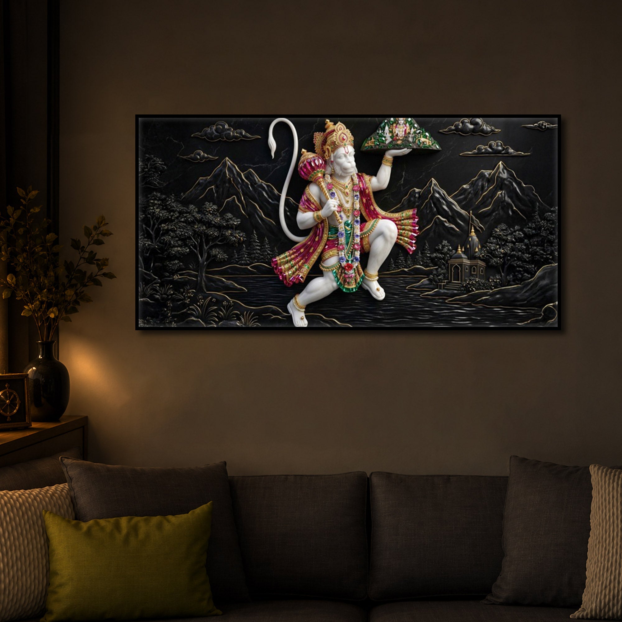 Lord Hanuman Carrying Sanjeevani Mountain Modern Luxury Backlight Horizontal Wall Art