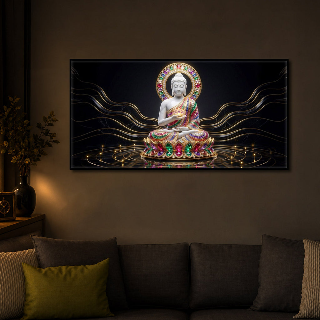 White Buddha Statue Modern Luxury Backlight Horizontal Wall Art
