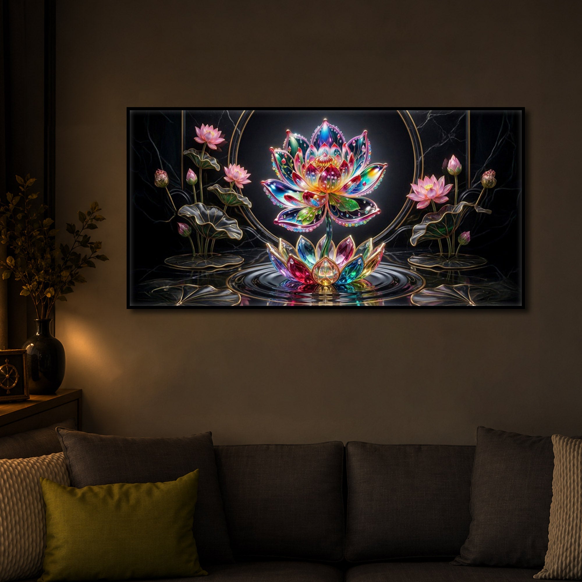 Colorful Lotus Flower Modern Luxury Backlight Horizontal Wall Art