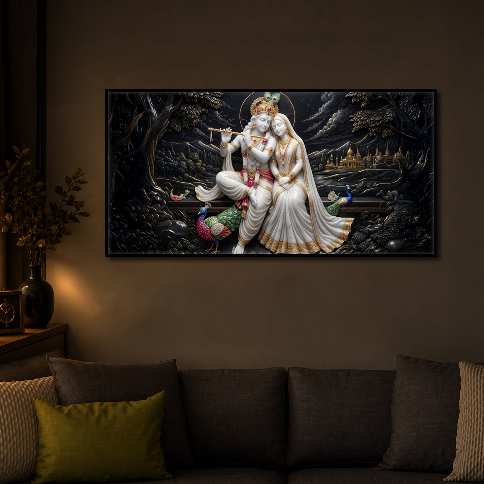 Divine Harmony Radha Krishna Modern Luxury Backlight Horizontal Wall Art