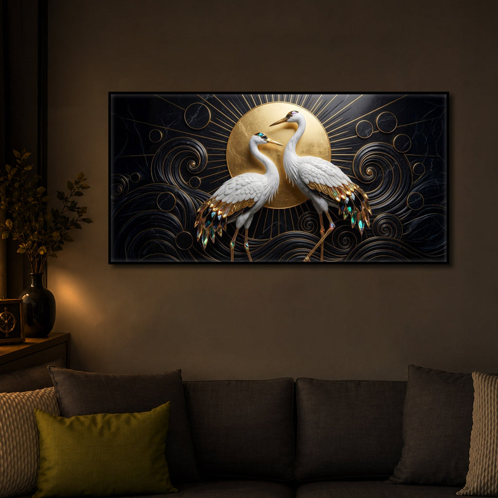 White Crane Modern Luxury Backlight Horizontal Wall Art