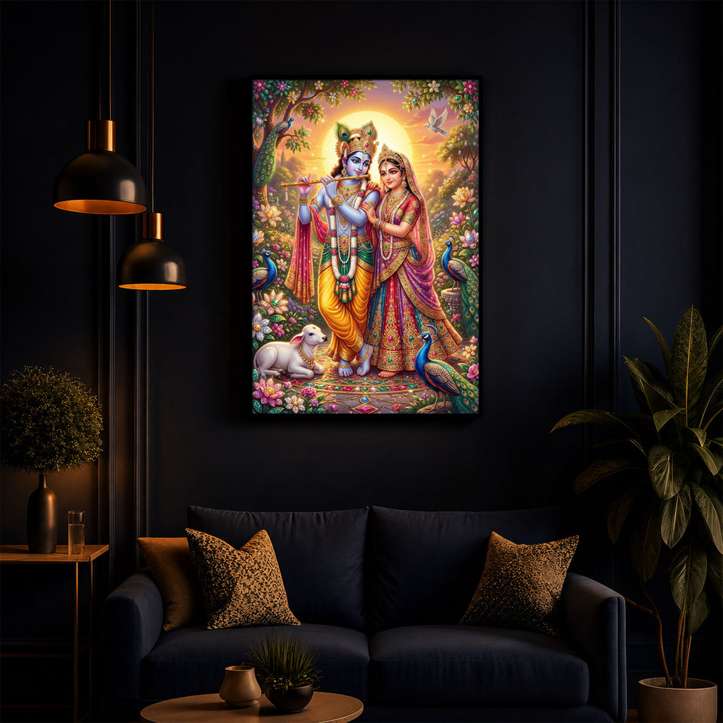 Radha Krishna Divine Harmony Modern Luxury Backlight Vertical Wall Art