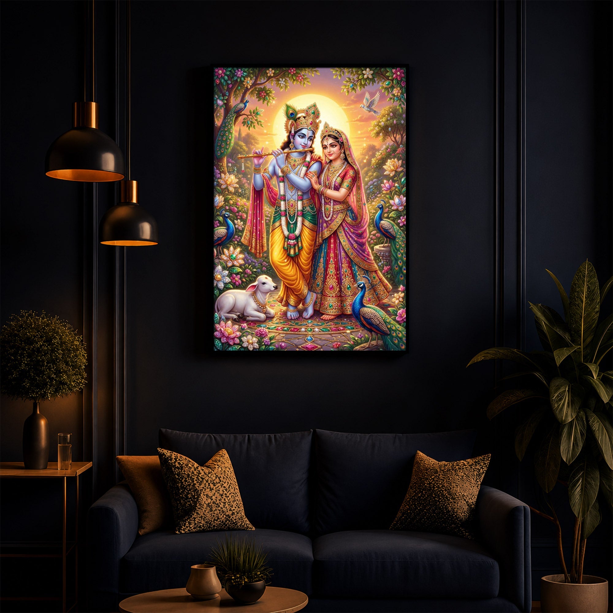 Radha Krishna Divine Harmony Modern Luxury Backlight Vertical Wall Art