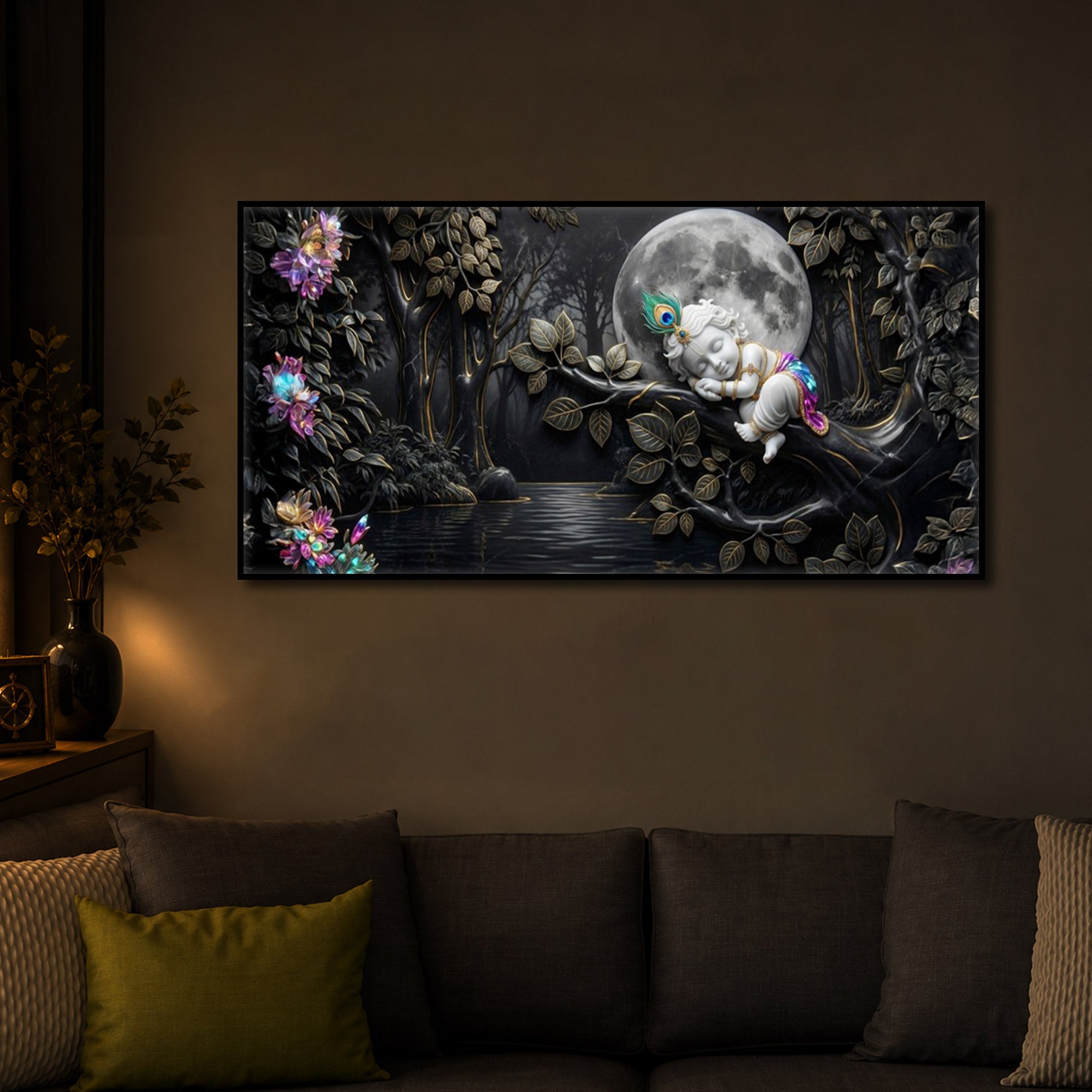 Divine Lord Little Krishna Modern Luxury Backlight Horizontal Wall Art