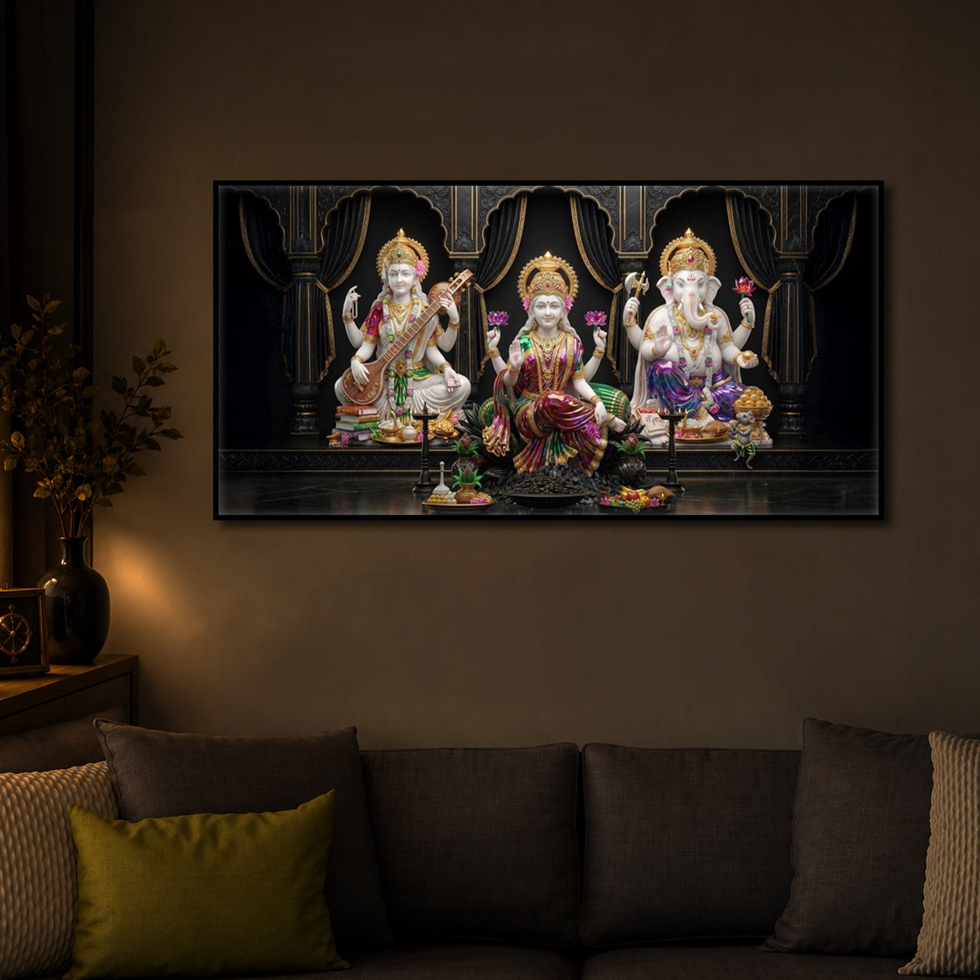 Saraswati,Lakshmi, & Lord Ganesha Modern Luxury Backlight Horizontal Wall Art