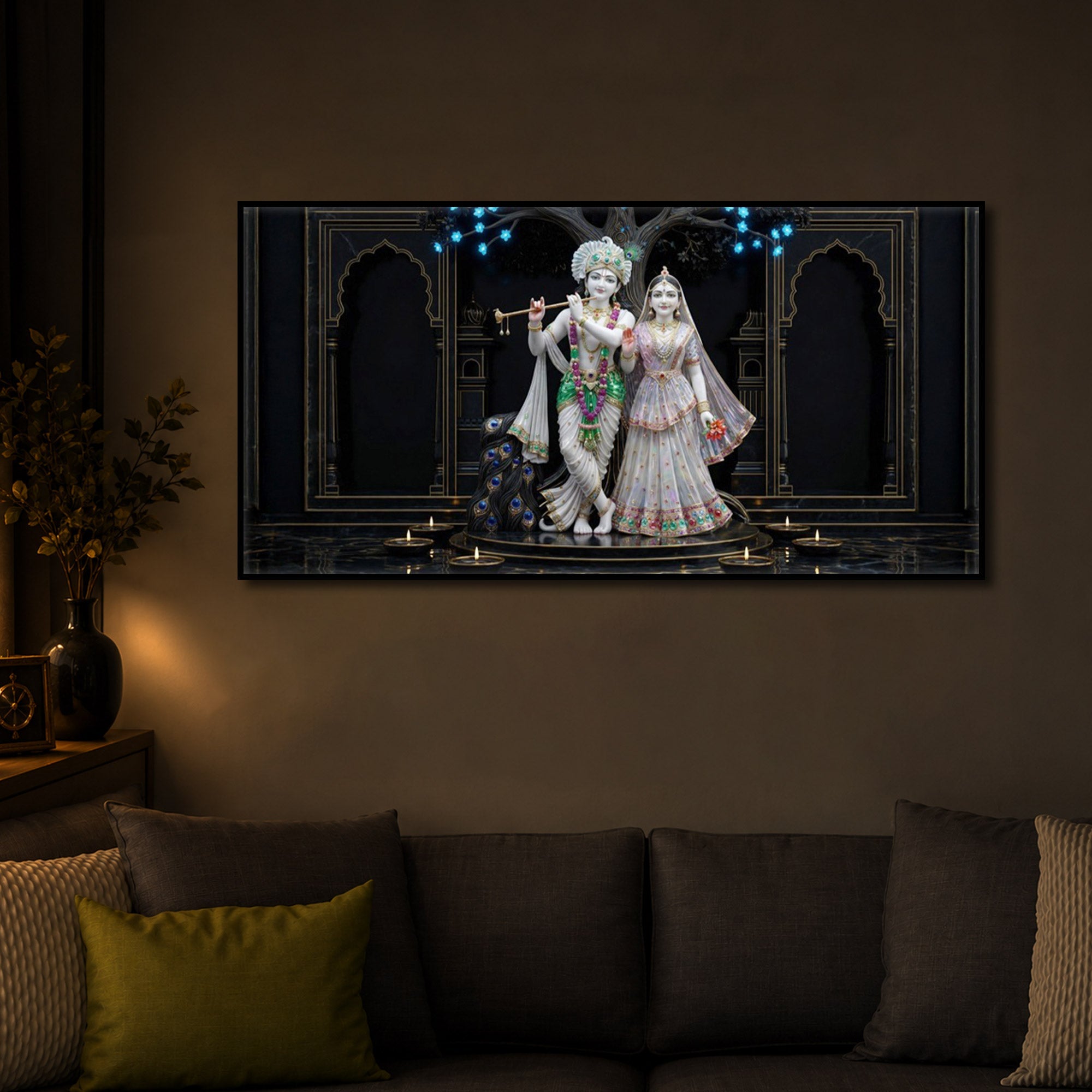 Radha Krishna With Flute Modern Luxury Backlight Horizontal Wall Art