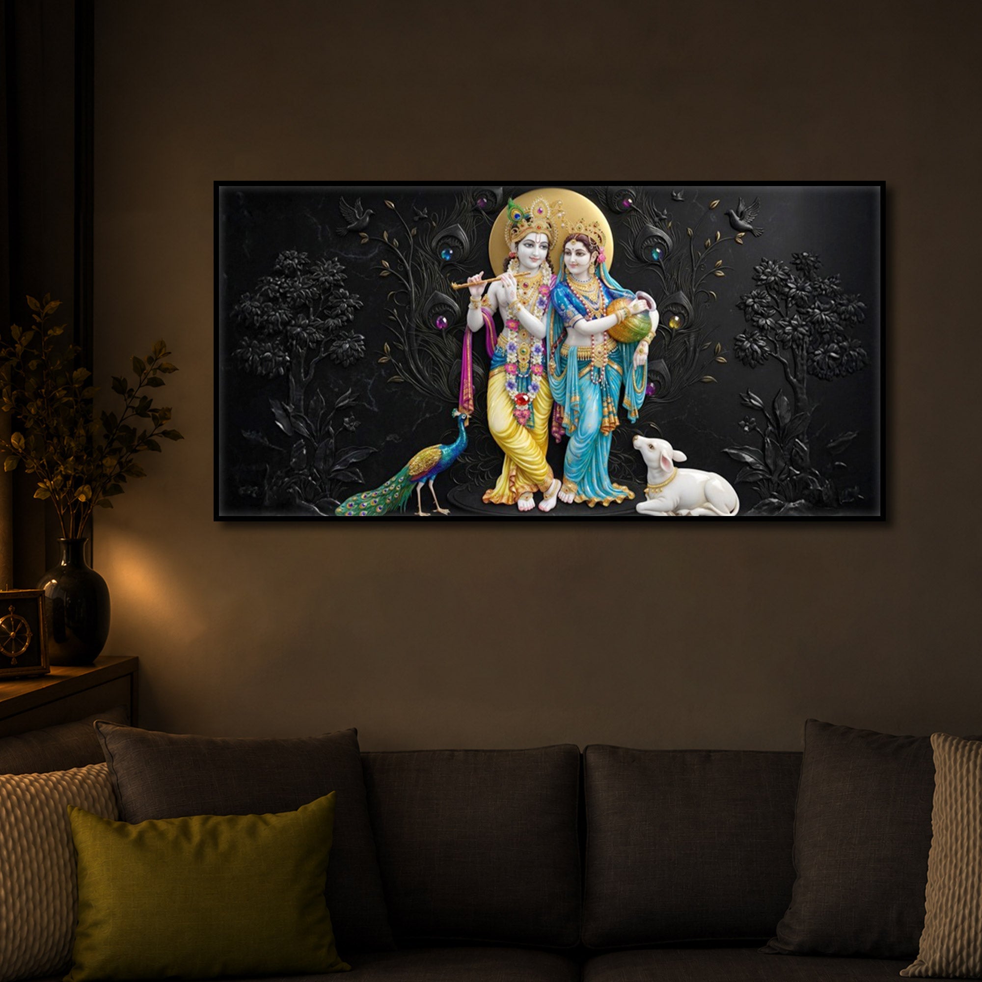 Depicting Radha Krishna Modern Luxury Backlight Horizontal Wall Art