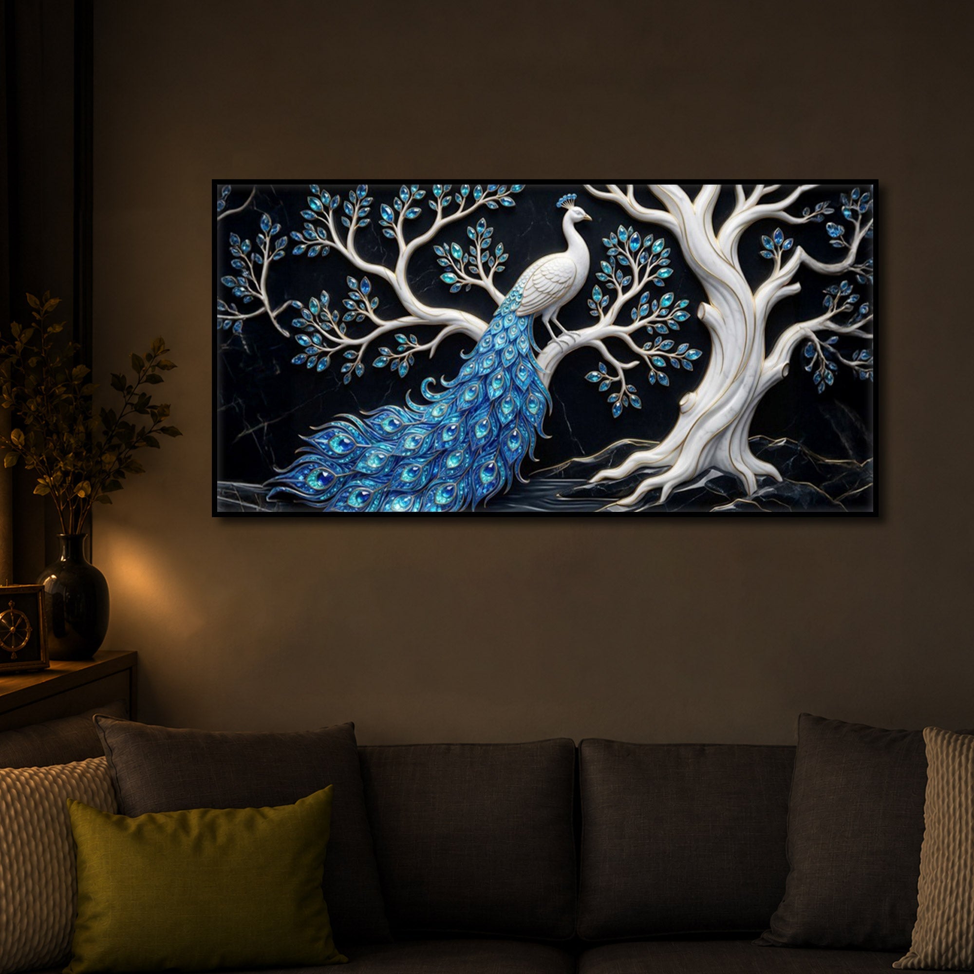 Peacock With Blue Feather Modern Luxury Backlight Horizontal Wall Art