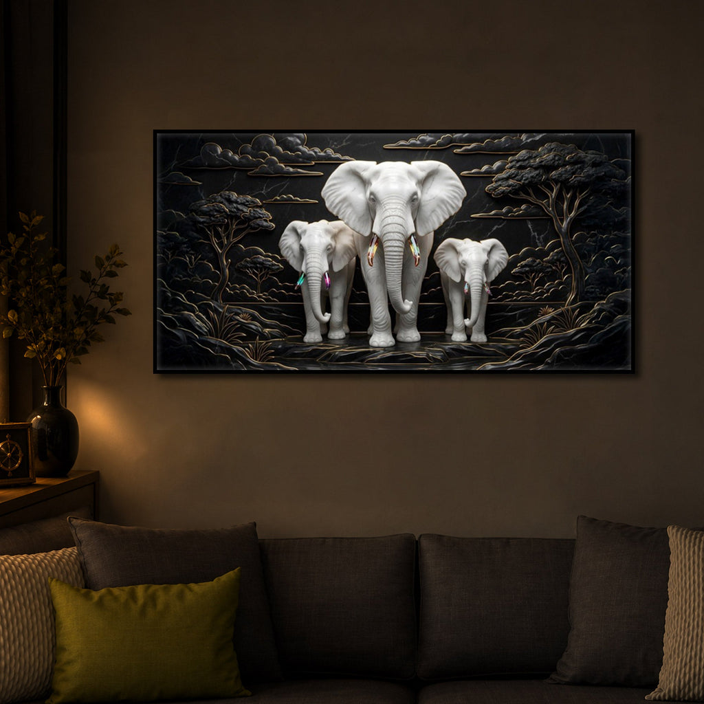 White Elephant Family Modern Luxury Backlight Horizontal Wall Art