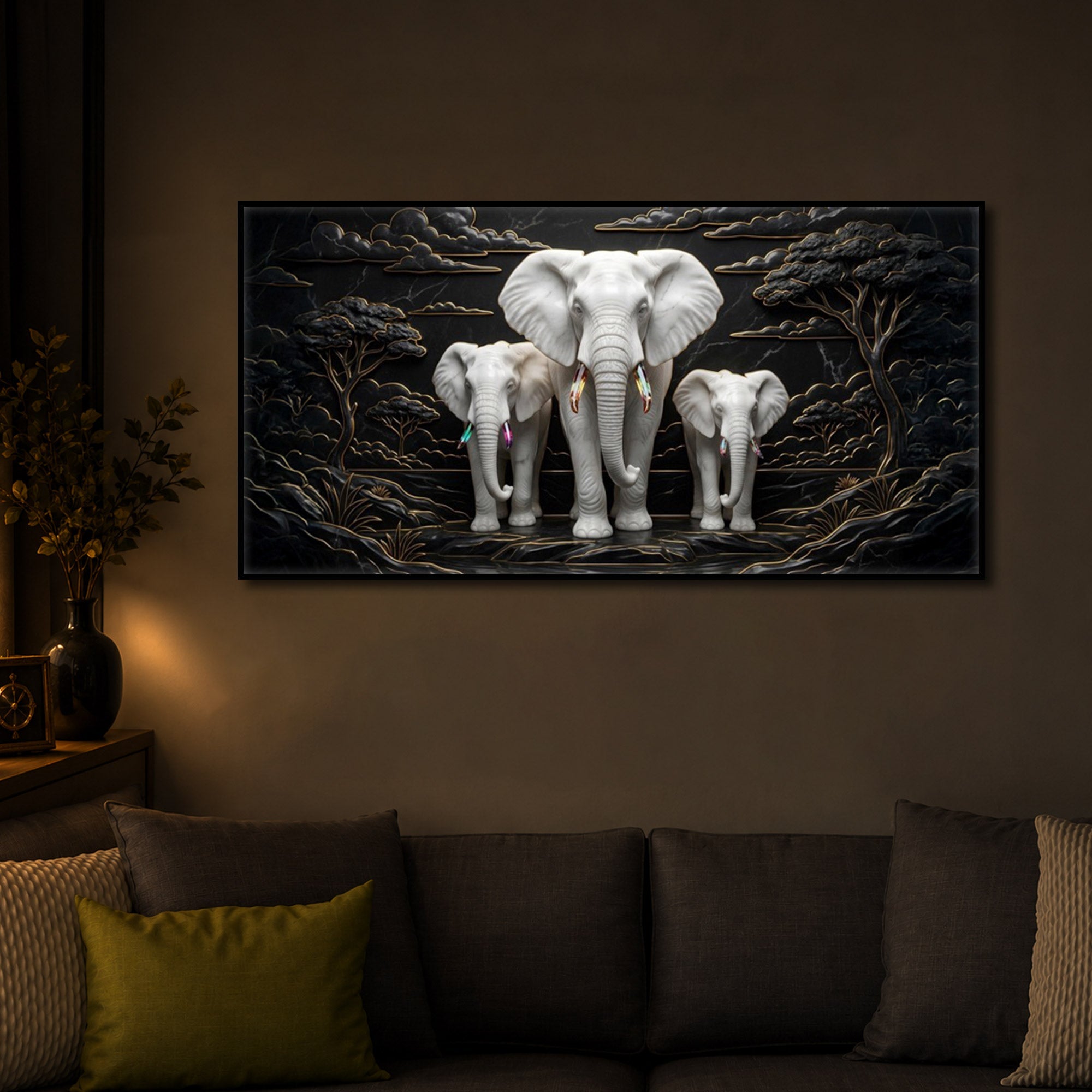 White Elephant Family Modern Luxury Backlight Horizontal Wall Art