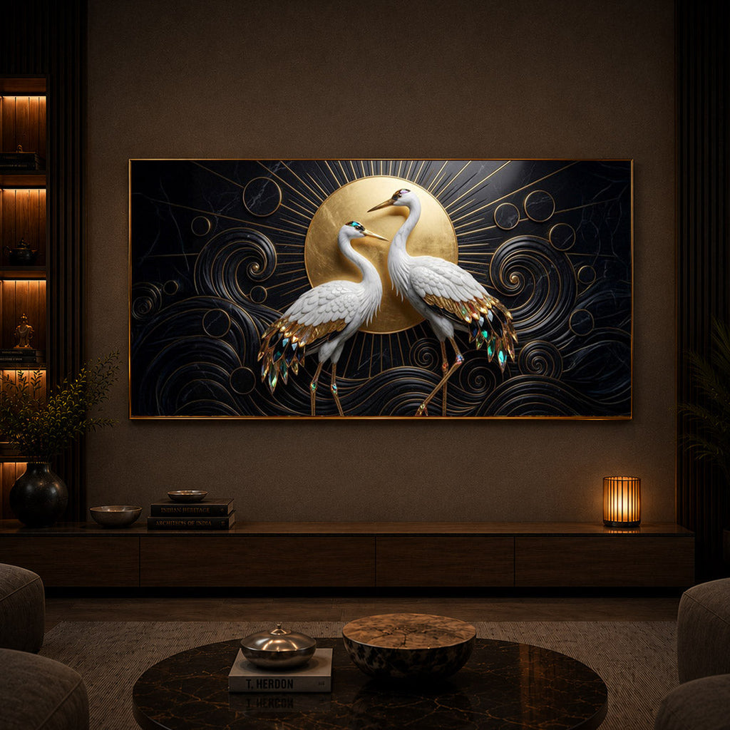 White Crane Modern Luxury Backlight Horizontal Wall Art