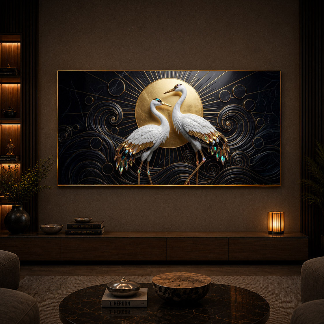 White Crane Modern Luxury Backlight Horizontal Wall Art