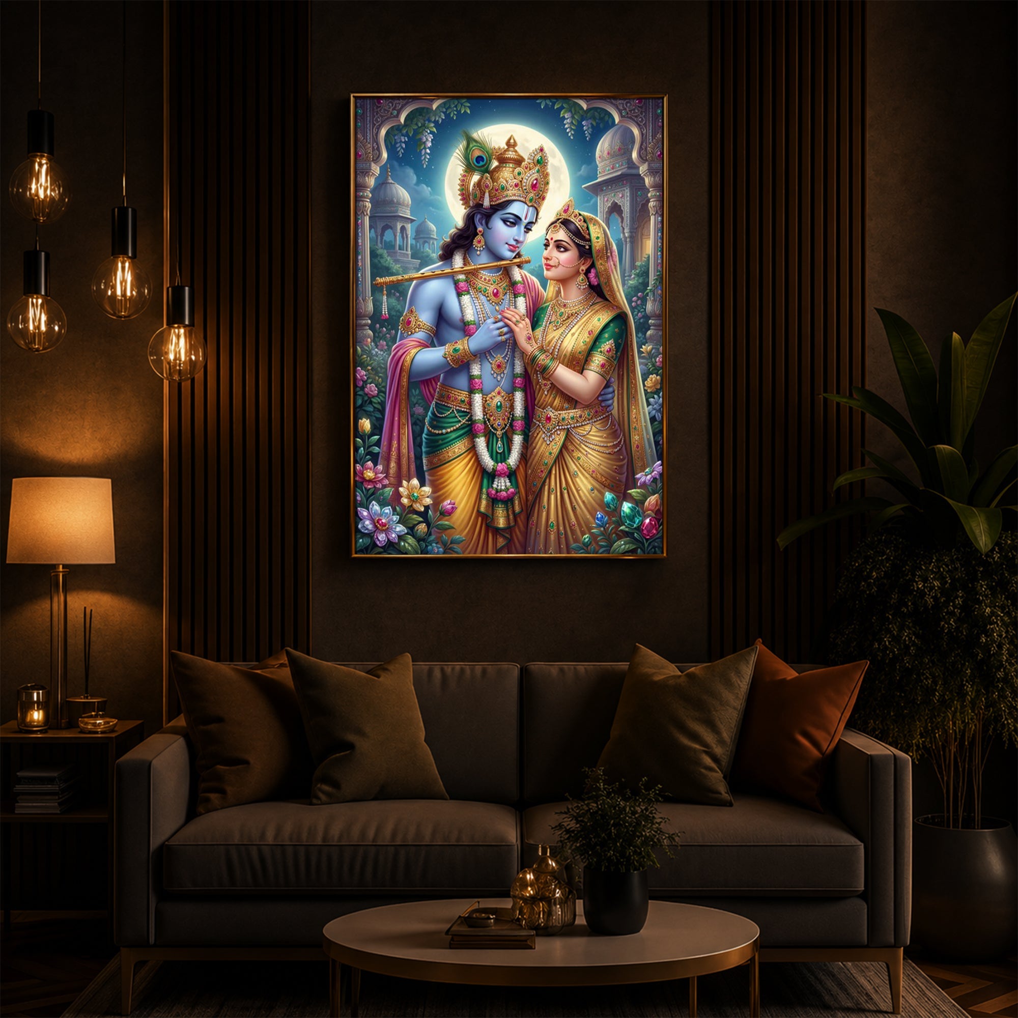 Goddess Shri Radha and God Krishna Modern Luxury Backlight Vertical Wall Art