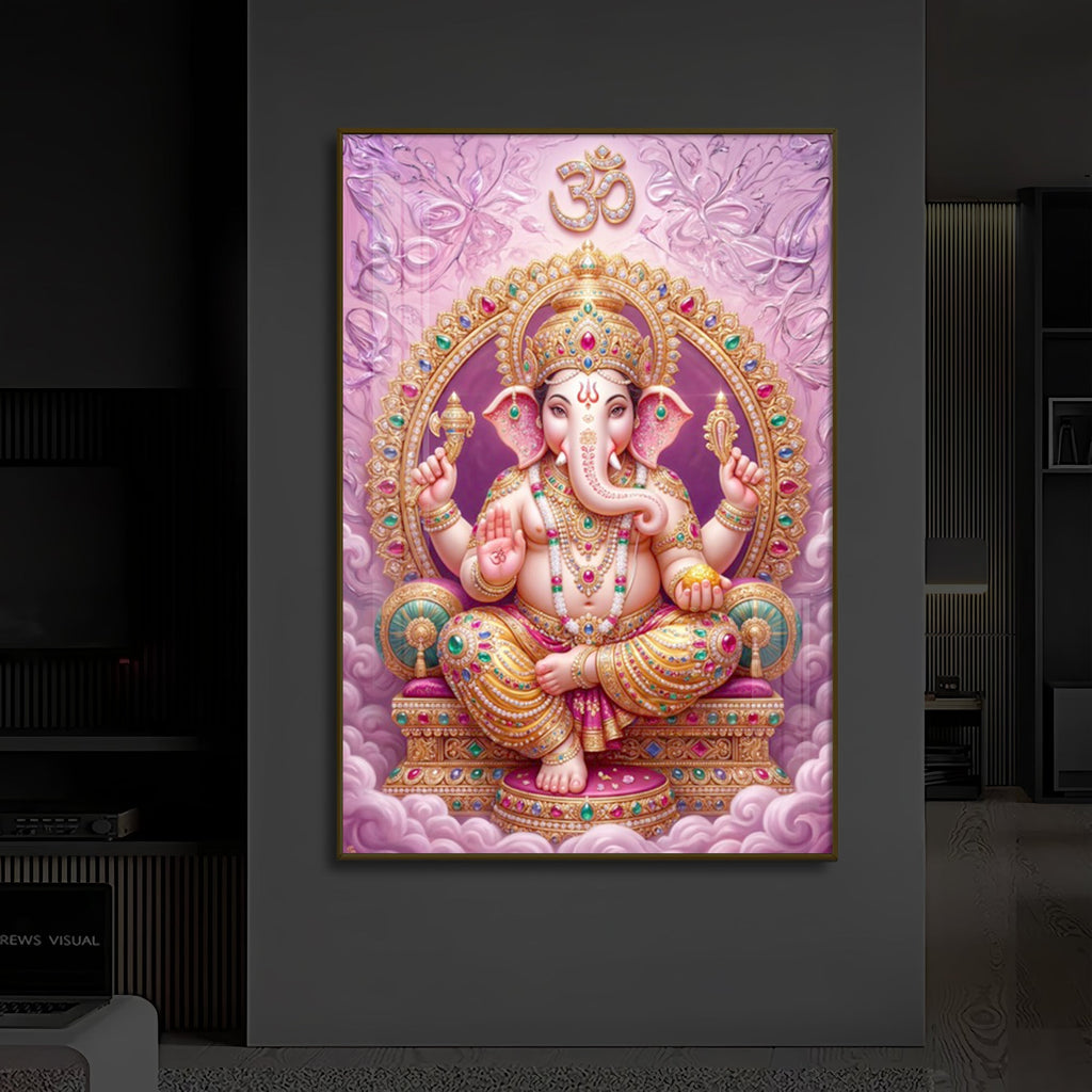Vakratunda Mahakaya Ganesh Ji Modern Luxury Backlight Vertical Wall Art