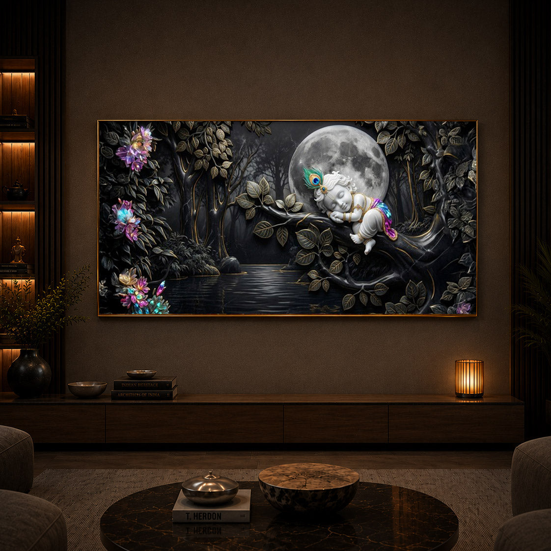 Divine Lord Little Krishna Modern Luxury Backlight Horizontal Wall Art