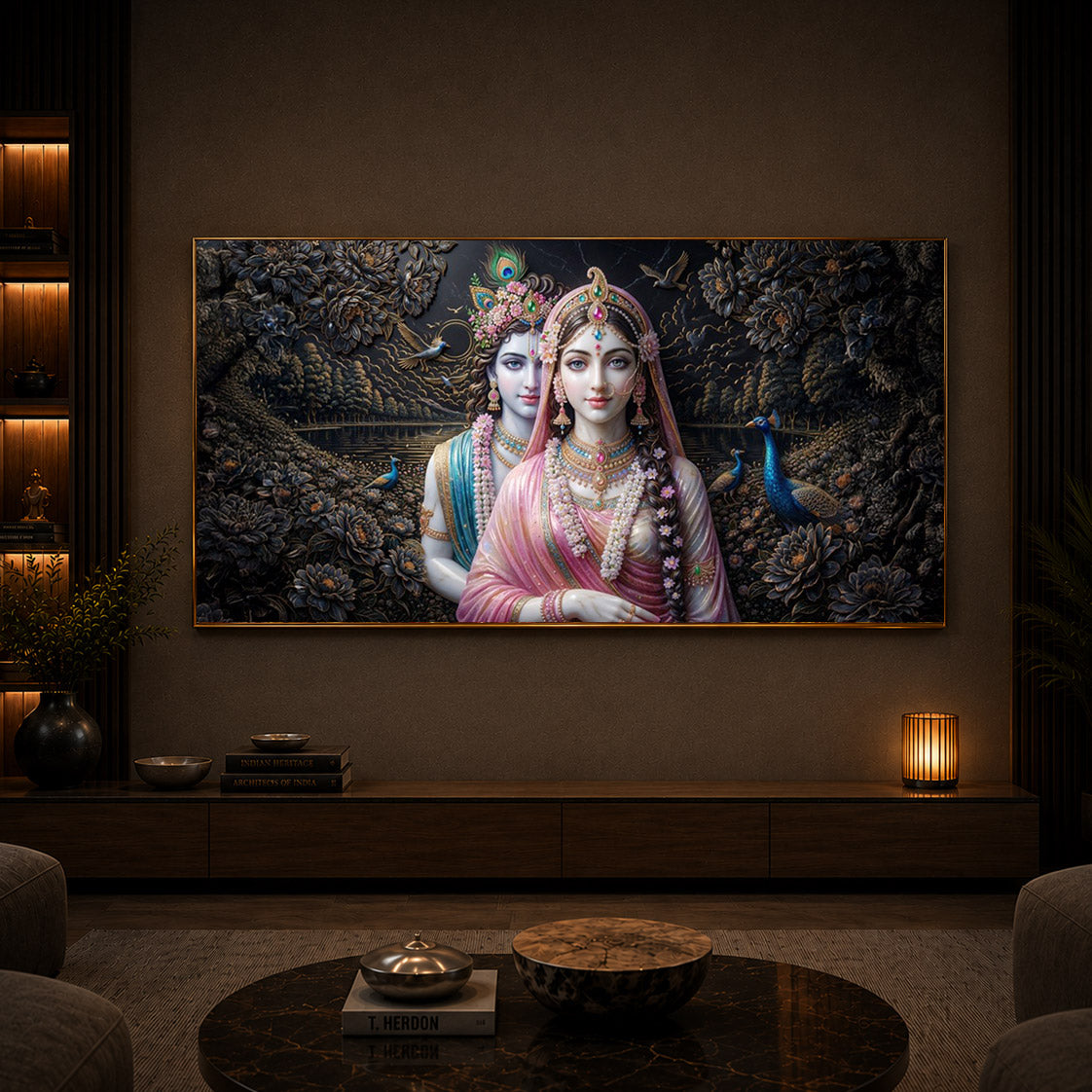 Blissful Radha Krishna Modern Luxury Backlight Horizontal Wall Art