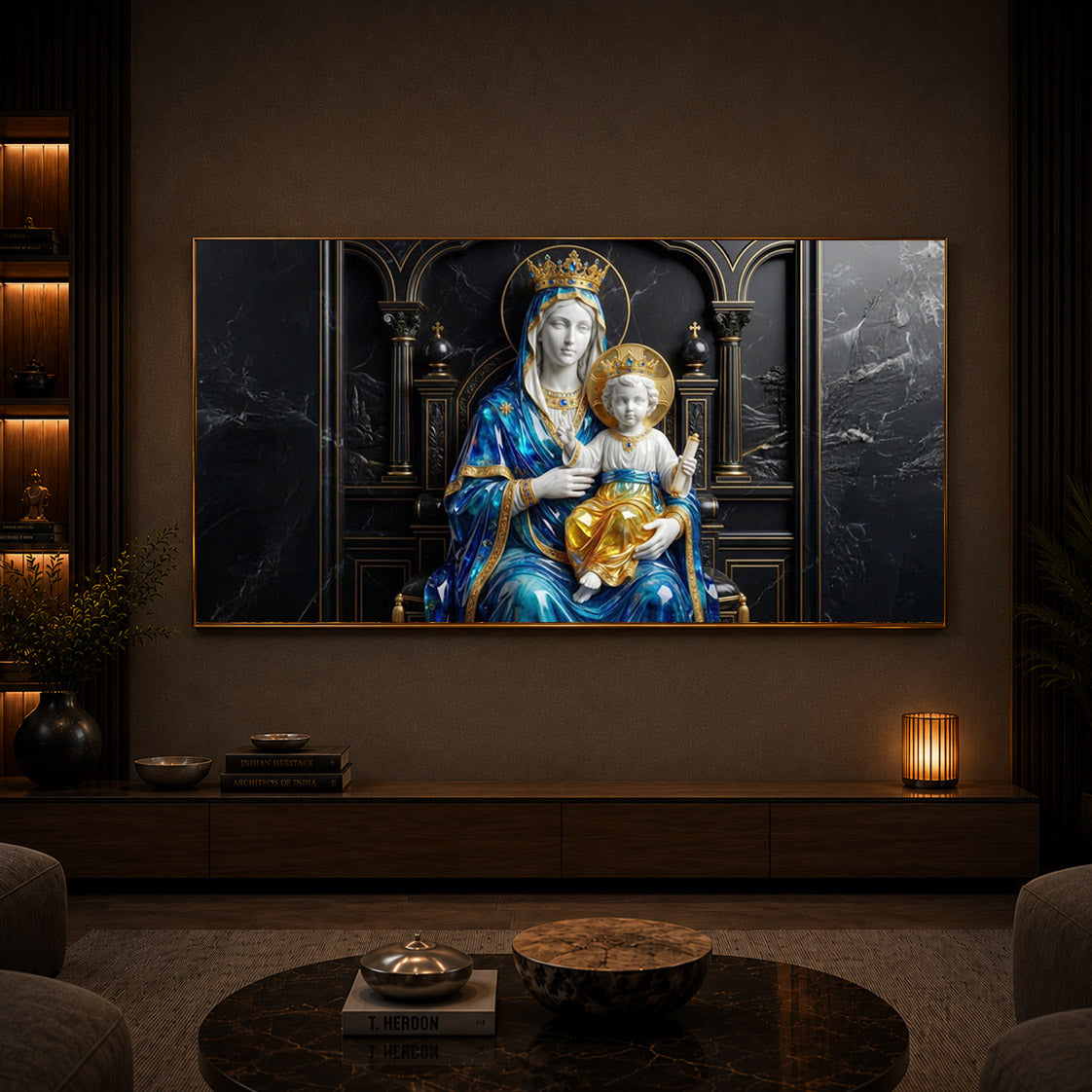 Mother Mary Holding Baby Jesus Modern Luxury Backlight Horizontal Wall Art