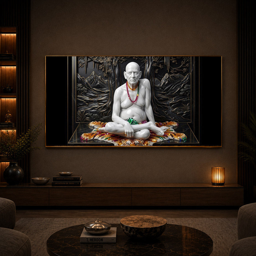 White Marble Swami Samarth Modern Luxury Backlight Horizontal Wall Art