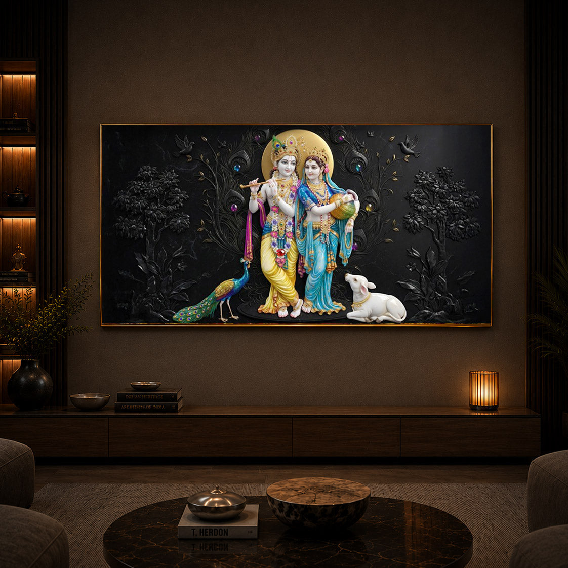 Depicting Radha Krishna Modern Luxury Backlight Horizontal Wall Art