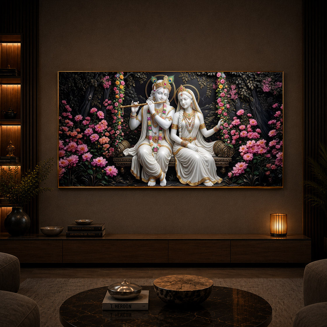Radha Krishna With Flower Modern Luxury Backlight Horizontal Wall Art
