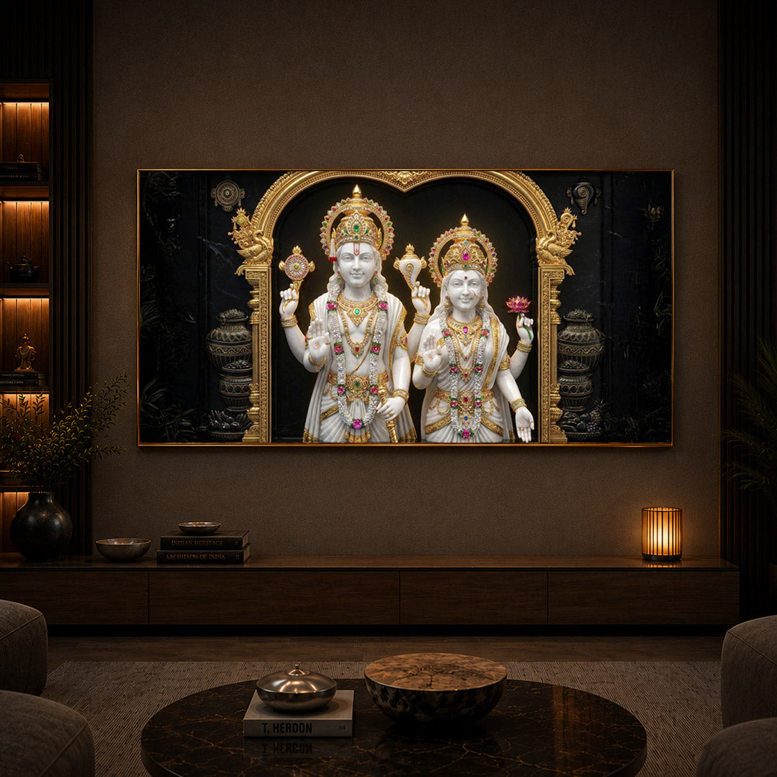 Lord Vishnu & Goddess Lakshmi Modern Luxury Backlight Horizontal Wall Art