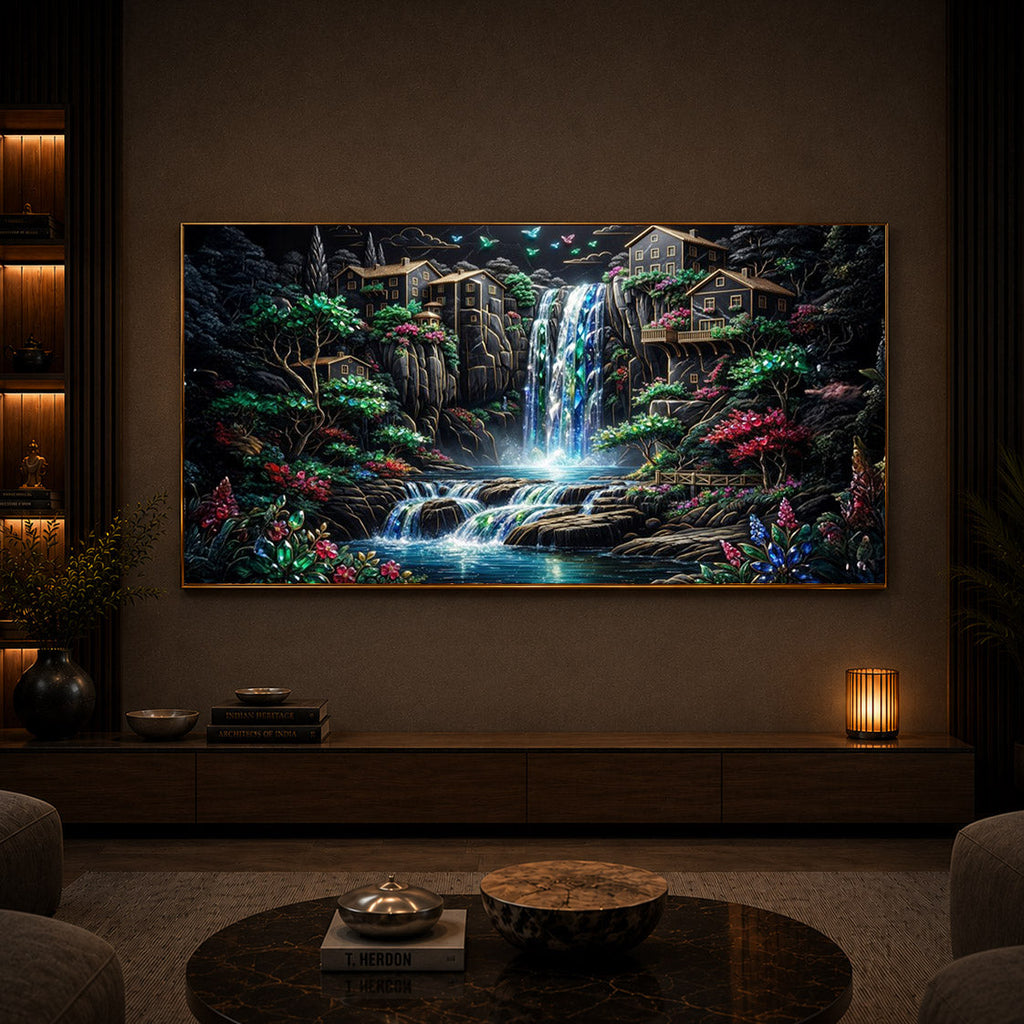 Lush Mountain Waterfall Modern Luxury Backlight Horizontal Wall Art
