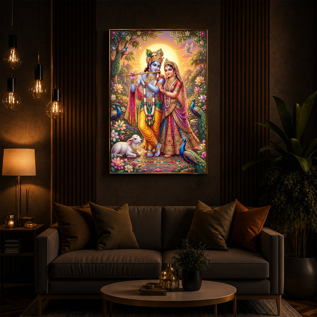 Radha Krishna Divine Harmony Modern Luxury Backlight Vertical Wall Art