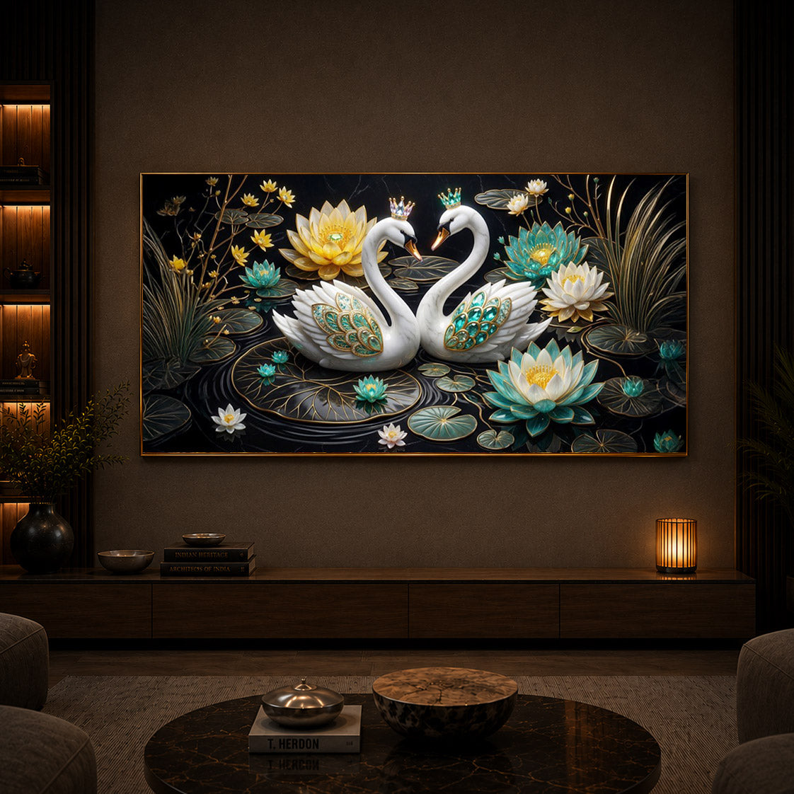 Pair Of White Swans Modern Luxury Backlight Horizontal Wall Art