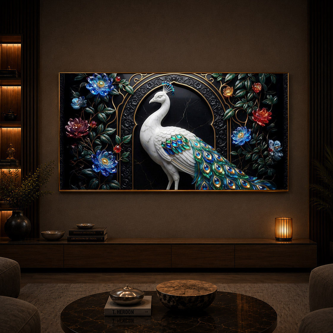 Majestic Peacock With Flower Modern Luxury Backlight Horizontal Wall Art