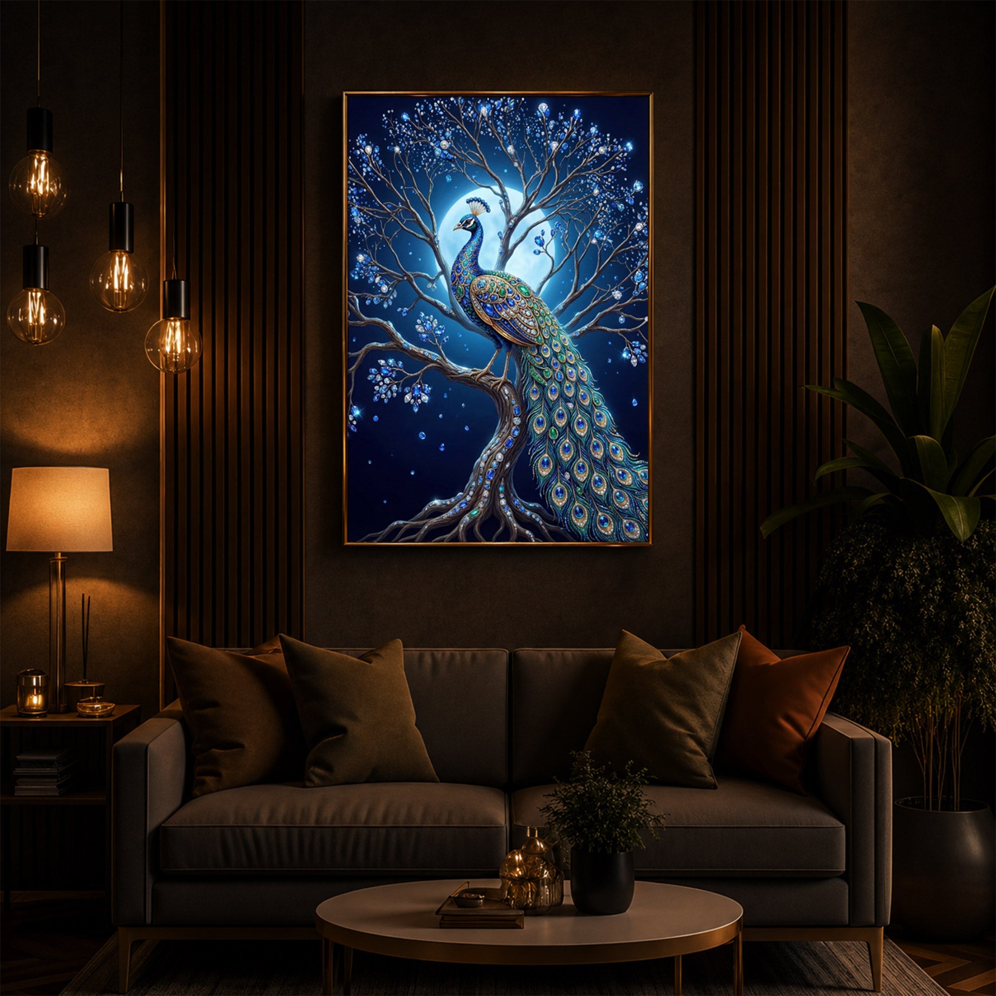 Blue Peacock Modern Luxury Backlight Vertical Wall Art