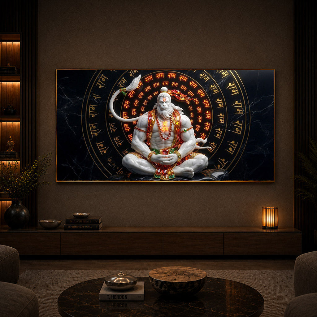 Lord Hanuman Sitting In A Meditative Modern Luxury Backlight Horizontal Wall Art