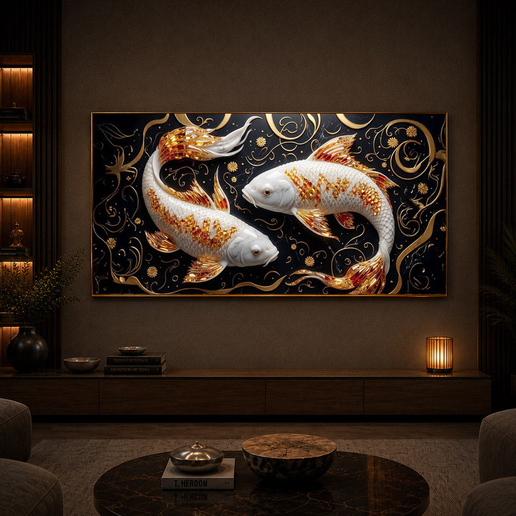Two Golden Koi Fish Modern Luxury Backlight Horizontal Wall Art