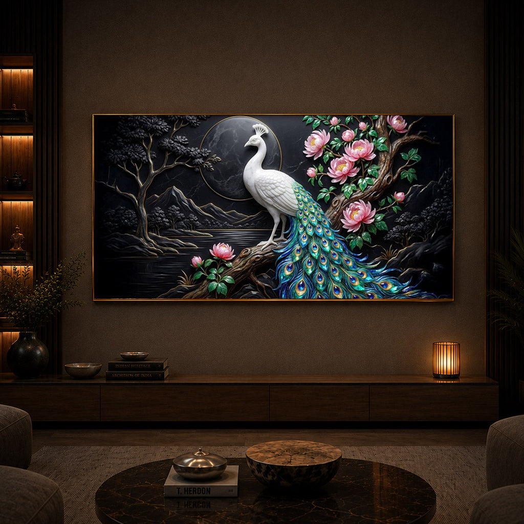 White Peacock With Flowers Modern Luxury Backlight Horizontal Wall Art