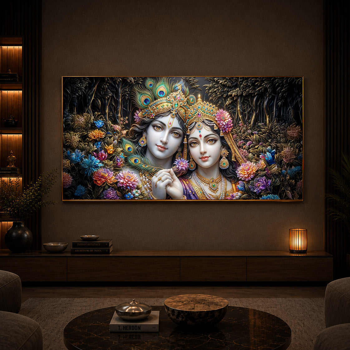 Spiritual Serenity Radha Krishna Modern Luxury Backlight Horizontal Wall Art