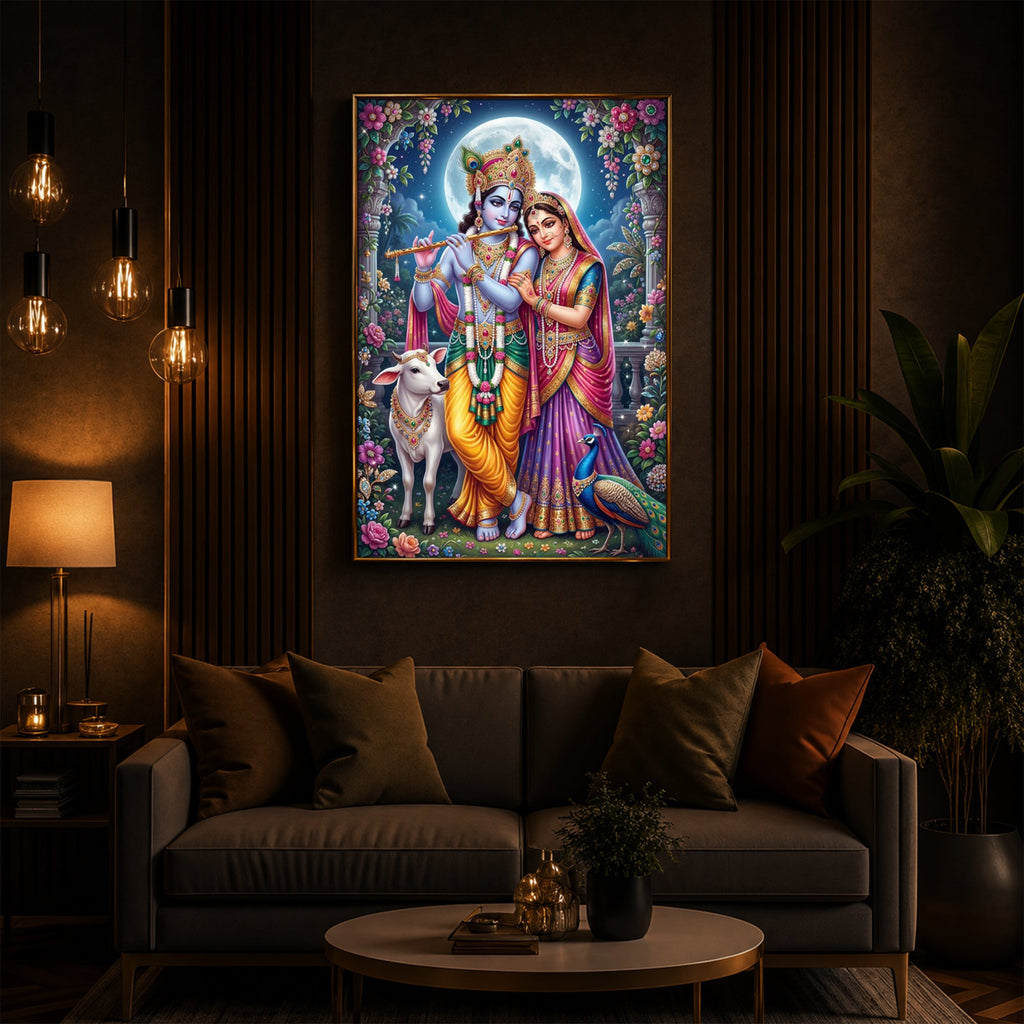 Moonlit Radha Krishna Leela Modern Luxury Backlight Vertical Wall Art