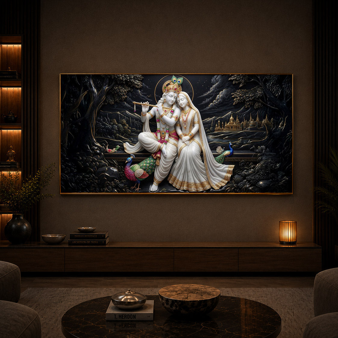 Divine Harmony Radha Krishna Modern Luxury Backlight Horizontal Wall Art