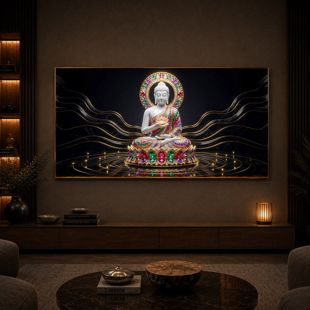 White Buddha Statue Modern Luxury Backlight Horizontal Wall Art