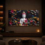 White Buddha With Pink Lotus Modern Luxury Backlight Horizontal Wall Art