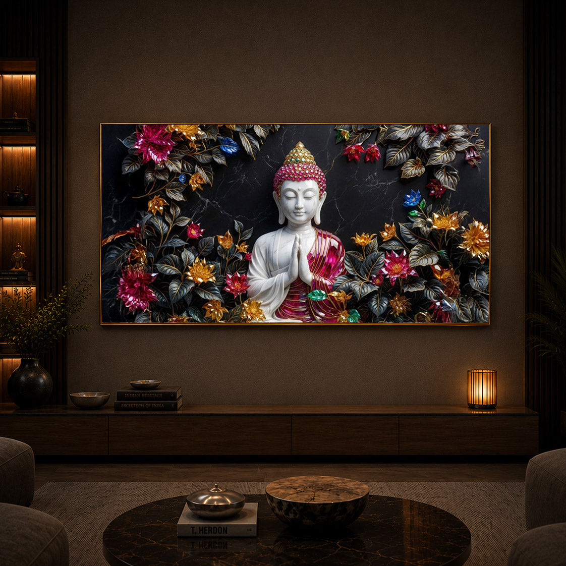 White Buddha With Pink Lotus Modern Luxury Backlight Horizontal Wall Art