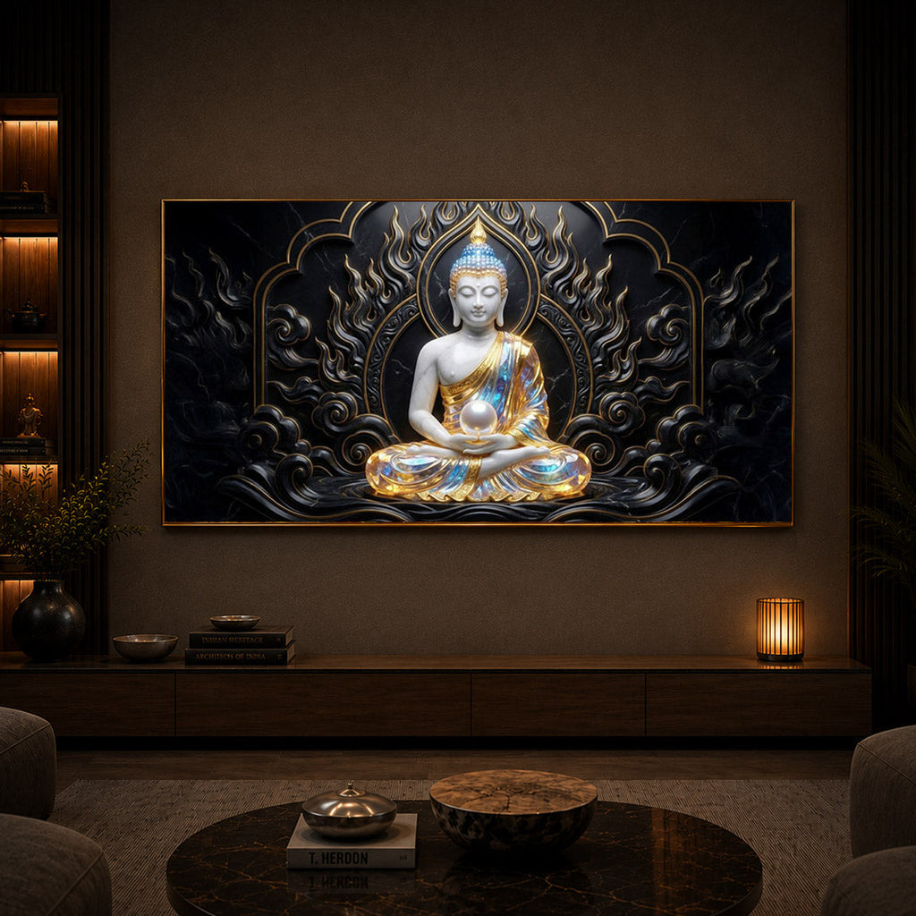 Meditating Buddha Ji Modern Luxury Backlight Horizontal Wall Art