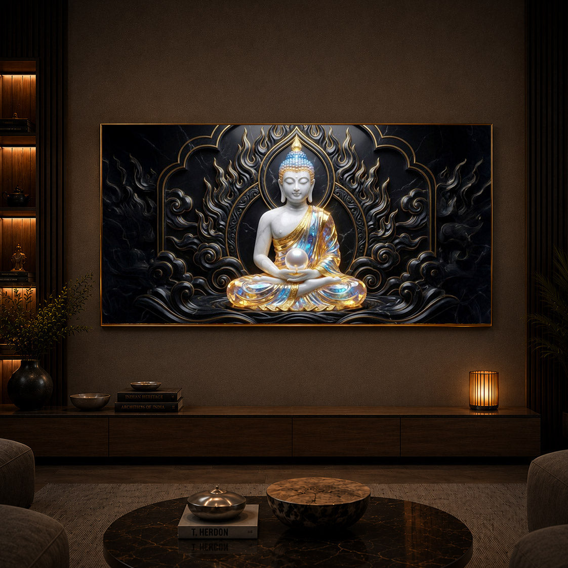 Meditating Buddha Ji Modern Luxury Backlight Horizontal Wall Art