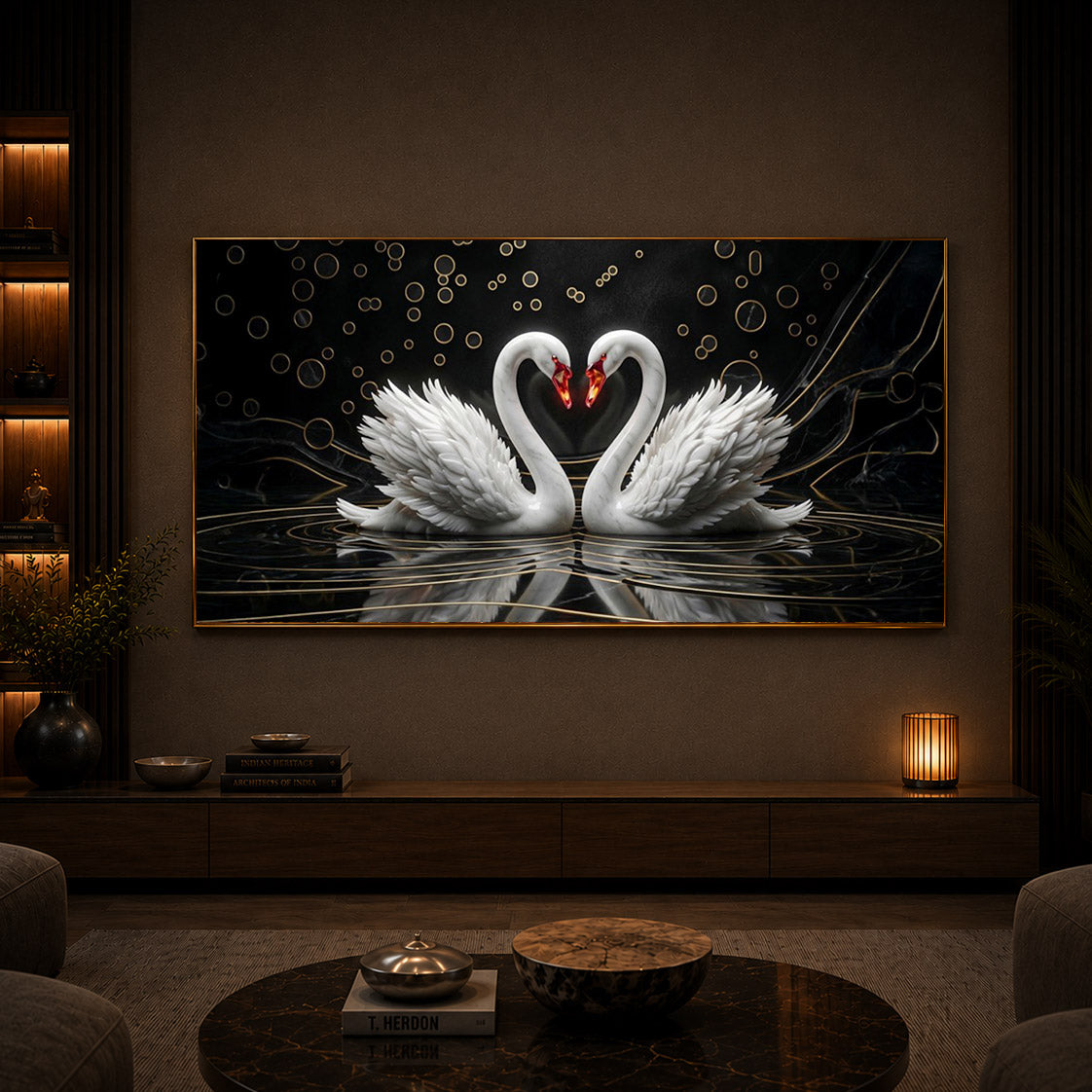Two White Swans Forming A Heart Modern Luxury Backlight Horizontal Wall Art