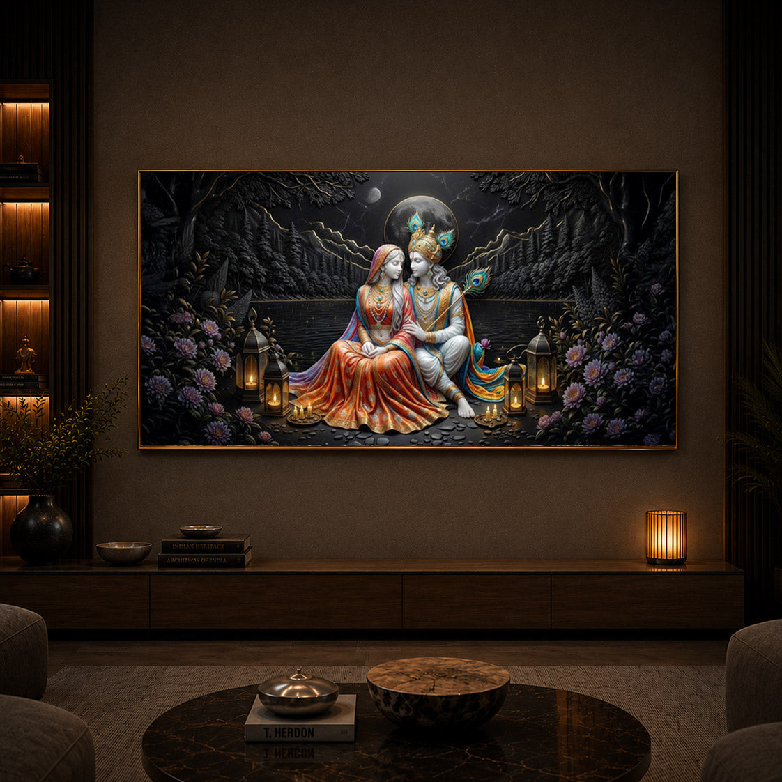 Hindu Deity Radha Krishna Modern Luxury Backlight Horizontal Wall Art