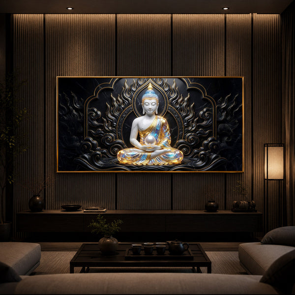 Meditating Buddha Ji Modern Luxury Backlight Horizontal Wall Art